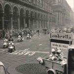 1958 Epiphany day (the three kings) in Milan with Lambretta scooters