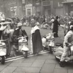1958 Epiphany day (the three kings) in Milan with Lambretta scooters